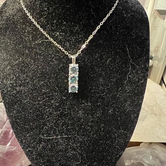 Elegant 3 stone Rainbow Blue Moissanite Pendant on Sterling Silver Necklace - Picture 2 of 12